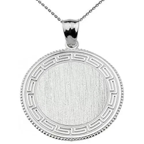 Greek Key Silver Engravable Round Pendant Necklace Greek Key Silver Engravable Round Pendant Necklace