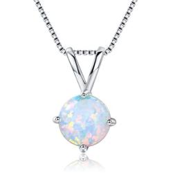 GEMSME 8MM Round Opal Pendant Necklace and 6MM Round Birthstone Stud Earrings Set (white-gold-plated-base)