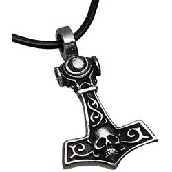 Trilogy Jewelry Pewter Thors Hammer with Skull Mjolnir Viking Pendant, Leather Necklace