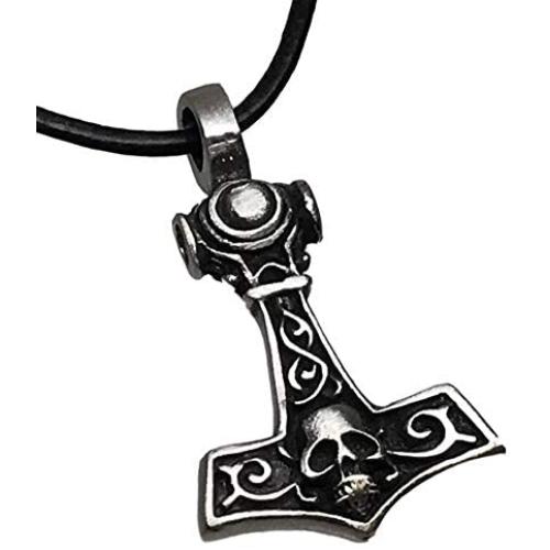 Trilogy Jewelry Pewter Thors Hammer with Skull Mjolnir Viking Pendant, Leather Necklace
