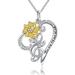 JUSTKIDSTOY Sunflower Necklace S925 Sterling Silver - You are My Sunshine Necklace Sun Flower Heart Pendant Musical Note Jewelry Gifts for Women Mom Mothers Day Birthday