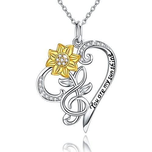JUSTKIDSTOY Sunflower Necklace S925 Sterling Silver - You are My Sunshine Necklace Sun Flower Heart Pendant Musical Note Jewelry Gifts for Women Mom Mothers Day Birthday