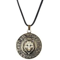 Wolf Necklace for Men, Norse Viking Wolf Head Pendant Necklace with 23.6” Chain, Viking Runes Coin Wolf Amulet Necklace, Retro Wolf Totem Necklace, Punk Animal Wolf Jewelry Gift for Men Boys