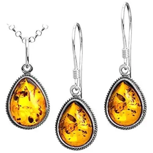 Sterling Silver Amber Drop Small Charm Pendant Earrings Set 18 Inches Sterling Silver Amber Drop Small Charm Pendant Earrings Set 18 Inches