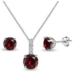 Sterling Silver Genuine, Created or Simulated Gemstone & White Topaz Round Crown Necklace & Stud Earrings Set