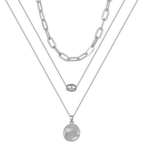 Gold Layered Pendant Long Necklacefor Women,Dainty Multilayer Adjustable Layering Coin Disc Necklace Set for Teen Girls (Silver Layered Pendant Long Necklace)