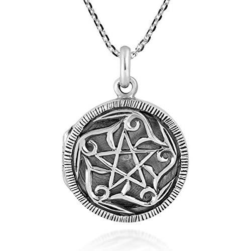 AeraVida Mystical Pentacle Round .925 Sterling Silver Locket Pendant Necklace