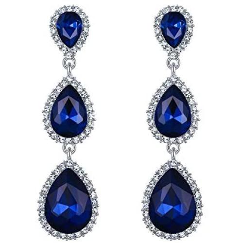 EleQueen Womens Gold-tone Austrian Crystal Teardrop Pear Shape 2.5 Inch Long Earrings Emerald Color