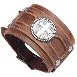 Nsitbbuery Hip Hop Jewelry Cross/Dragon/Skull Pattern Metal Belt Buckle Bracelet Wide Leather Wristband Bracelet