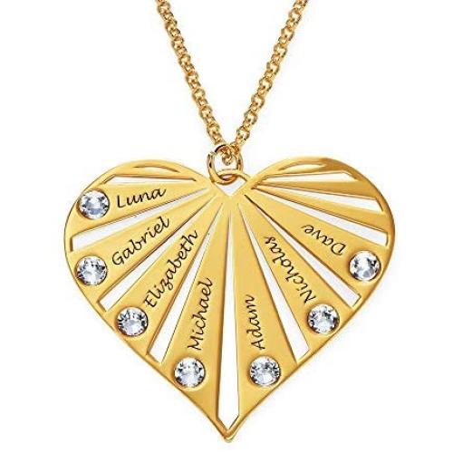 MyNameNecklace Personalized Family Heart Shape Engraved Love Necklace with or without Birthstones Precious Metal-Custom Made Mother Day Gift for Mom Wife