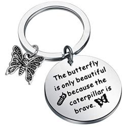 WSNANG Butterfly Gift The Butterfly is Only Beautiful Because The Caterpillar is Brave Keychain Inspirational Jewelry Encouragement Gift for Butterfly Lover Best Friend