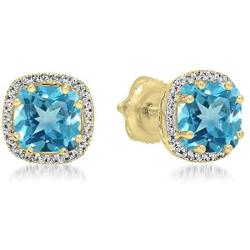Dazzlingrock Collection 18K 6 MM Each Cushion Gemstone & Diamond Ladies Halo Style Stud Earrings, Yellow Gold