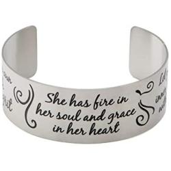 Vera Viva She Has Fire in Her Soul and Grace in Her Heart Inspirational Cuff Bracelet, Stainless Steel, Adjustable Fit