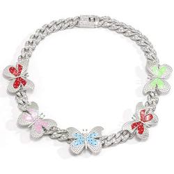 Ingemark Hip Hop Colorful Butterfly Choker Necklace Shiny Crystal Cuban Chain Link Necklace for Women Girls Fashion Jewelry