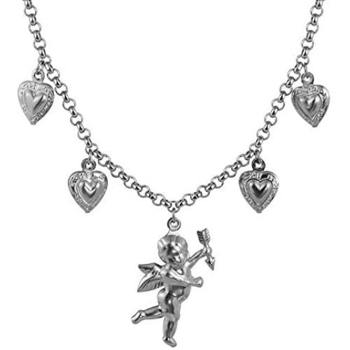 Angel Cupid Chain Necklace Steel Stainless Y2K Aesthetic Angel Love Heart Choker Necklace for Women Girls Men Boys