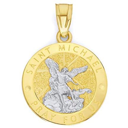 Ice on Fire Jewelry 10k Two Tone Gold Saint Michael Pray for us Pendant Necklace