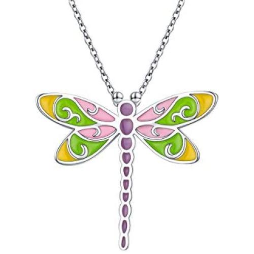 S925 Sterling Silver Dragonfly Colourful Dainty Pendant Necklace for Women Teen Girl