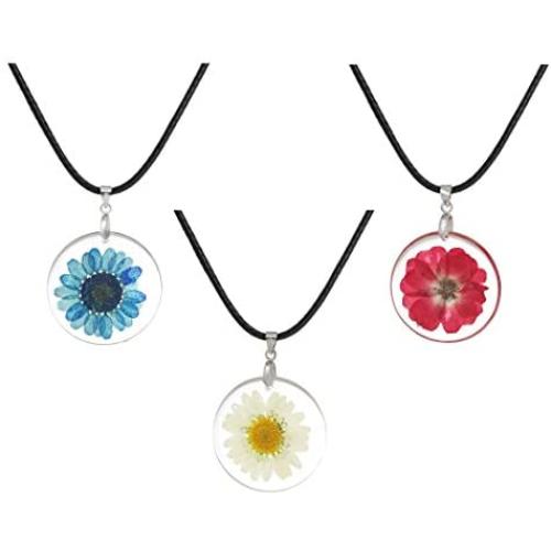 JGFinds Dried Flower Necklace 3 Pack, Resin and Cowhide - Actual Flower