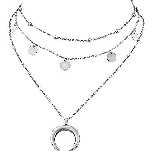 Wowanoo Layered Chain Choker Necklace Moon Rhinestone Pendant Chain Jewelry for Girls Women