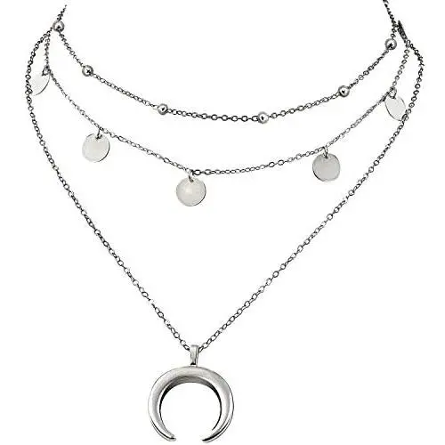 Wowanoo Layered Chain Choker Necklace Moon Rhinestone Pendant Chain Jewelry for Girls Women Wowanoo Layered Chain Choker Necklace Moon Rhinestone Pendant Chain Jewelry for Girls Women