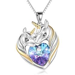POPKIMI Sterling Silver Unicorn Necklace Heart Crystal Unicorn Pendant Jewelry Birthday Gifts for Girls Women (Purple)