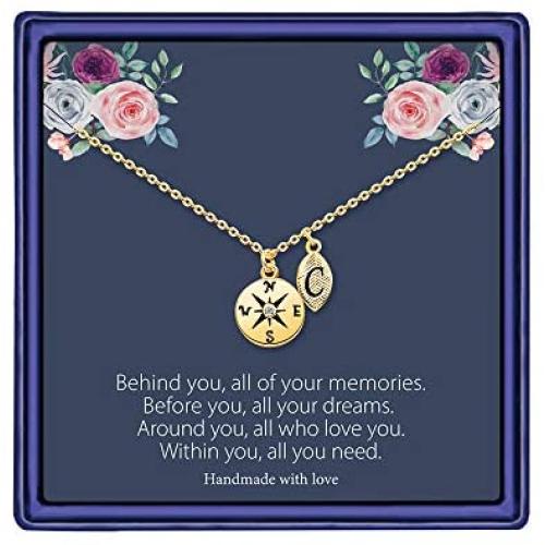 MONOOC Graduation Gifts for Women Necklace, 14K Gold Plated Graduation Necklace Compass Necklace Dainty Compass Pendant Necklace College Graduation Gifts for Her High School
