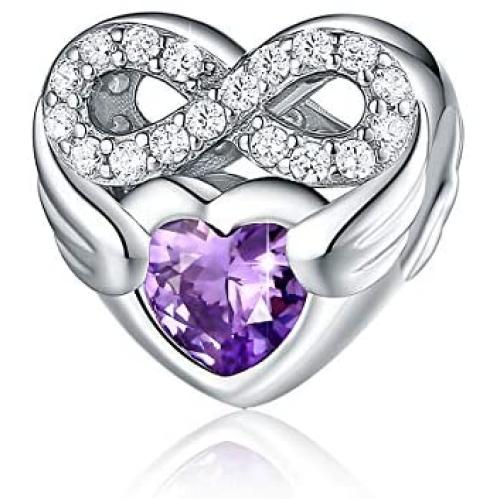 FOREVER QUEEN 925 Sterling Silver CZ Infinite Love Heart Charm with Purple Heart Wings Forever Love Infinity Bead Fit for Charm Bracelet Necklace Valentines Day Gift