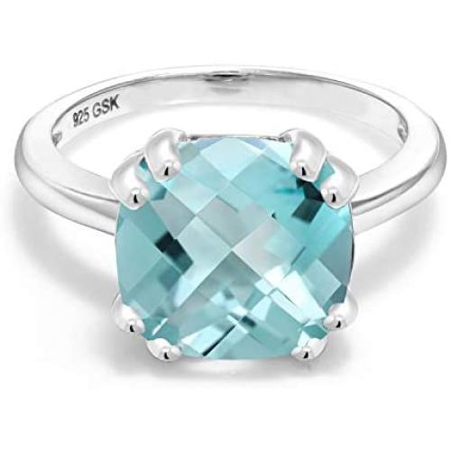 Gem Stone King 925 Sterling Silver Sky Blue Topaz Women Ring (4.65 Ct Cushion Checkerboard, Gemstone Birthstone, Available in size 5, 6, 7, 8, 9)