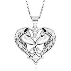 925 Sterling Silver Celtic Love Couple Wolf Heart Pendant Necklace 18''