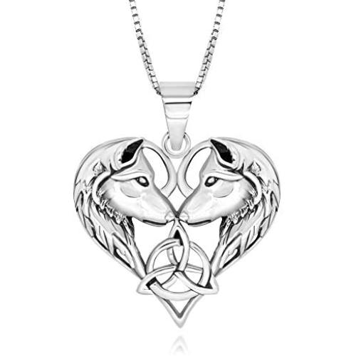 925 Sterling Silver Celtic Love Couple Wolf Heart Pendant Necklace 18''