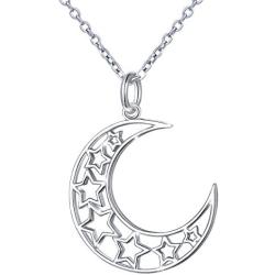 S925 Sterling Silver Stars Crescent Moon Pendant Necklace for Women Girl 18''