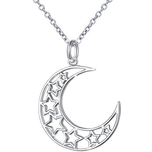 S925 Sterling Silver Stars Crescent Moon Pendant Necklace for Women Girl 18''