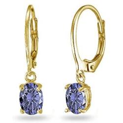 LOVVE Sterling Silver Simulated Tanzanite 7x5mm Oval Dangle Dainty Leverback Earrings, 3 Metal Options