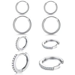 Small Sterling Silver Hoop Earrings for Women Men Girls, 4 Pairs Tiny Cubic Zirconia Huggie Earrings Set | Mini Hypoallergenic Cartilage CZ Tragus Helix Piercing Earrings 8mm 10mm 12mm