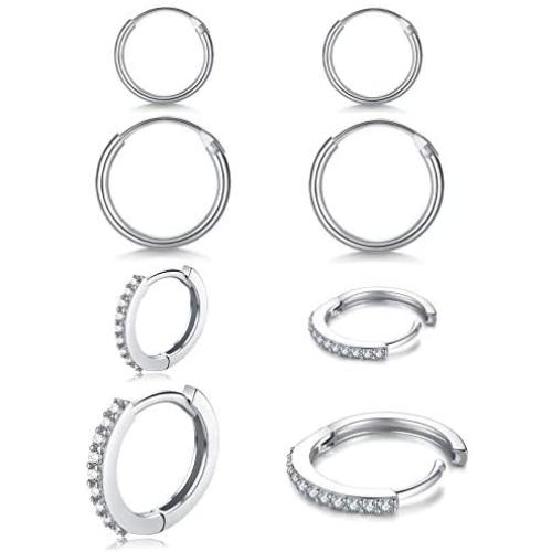Small Sterling Silver Hoop Earrings for Women Men Girls, 4 Pairs Tiny Cubic Zirconia Huggie Earrings Set | Mini Hypoallergenic Cartilage CZ Tragus Helix Piercing Earrings 8mm 10mm 12mm