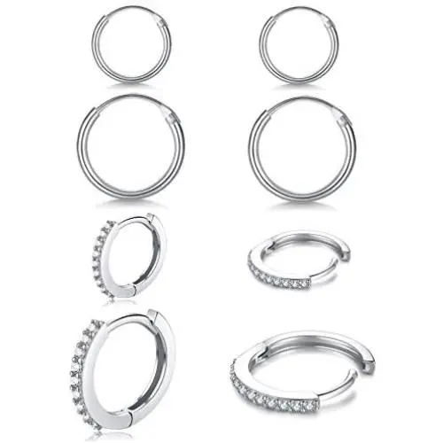 Small Sterling Silver Hoop Earrings for Women Men Girls, 4 Pairs Tiny Cubic Zirconia Huggie Earrings Set | Mini Hypoallergenic Cartilage CZ Tragus Helix Piercing Earrings 8mm 10mm 12mm