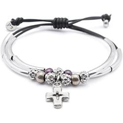 Lizzy James Faith 2 Strand Adjustable Black Leather Silver Plated Charm Bracelet w Silver Cross Charm