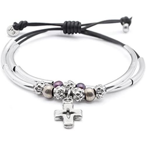 Lizzy James Faith 2 Strand Adjustable Black Leather Silver Plated Charm Bracelet w Silver Cross Charm