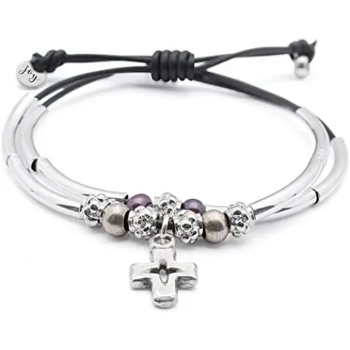 Lizzy James Faith 2 Strand Adjustable Black Leather Silver Plated Charm Bracelet w Silver Cross Charm Lizzy James Faith 2 Strand Adjustable Black Leather Silver Plated Charm Bracelet w Silver Cross Charm