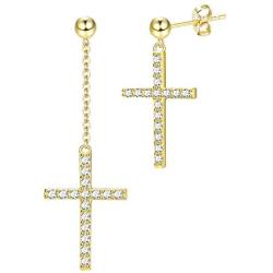 Fansilver S925 Sterling Silver Cross Dangle Drop Stud Earrings 14K Gold Plated Pendant Chain Earrings For Women Men Cubic Zirconia Cross Earrings Punk Jewelry