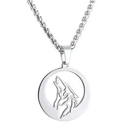 U7 Wolf Necklace with Adjustable Spiga Chain Stainless Steel Round Hollow Pendant