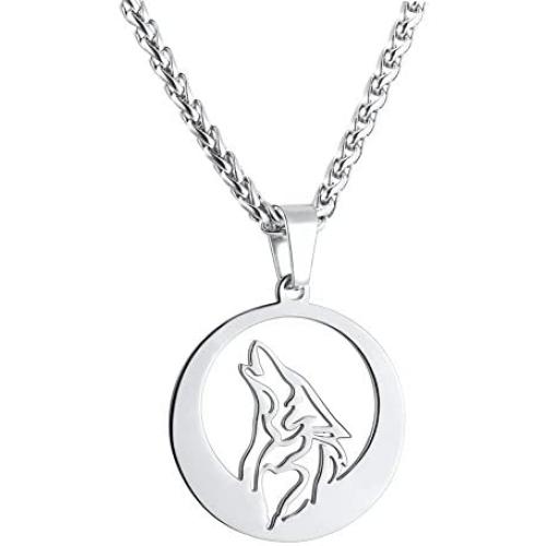 U7 Wolf Necklace with Adjustable Spiga Chain Stainless Steel Round Hollow Pendant