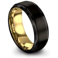 Midnight Rose Collection Tungsten Wedding Band Ring 8mm for Men Women 18k Rose Yellow Gold Plated Step Bevel Edge Black Brushed Polished