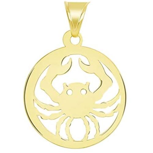 Solid 14k Yellow Gold Dainty Round Cancer Zodiac Sign Crab Disc Pendant