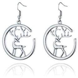 Cute Silver Christmas Reindeer Piercing Dangle Earrings, Holiday Party Drop Earrings, Christmas Gift Idea, Thanksgiving Themed Earrings, Cute Christmas Costume Jewelry for Women Girls