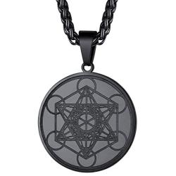 FaithHeart Metatrons Cube Necklace, Stainless Steel or 18K Gold Plated Sacred Geometric Metatron Pendant with 22 Inches Chain Jewelry for Men Spiritual Protection Medal