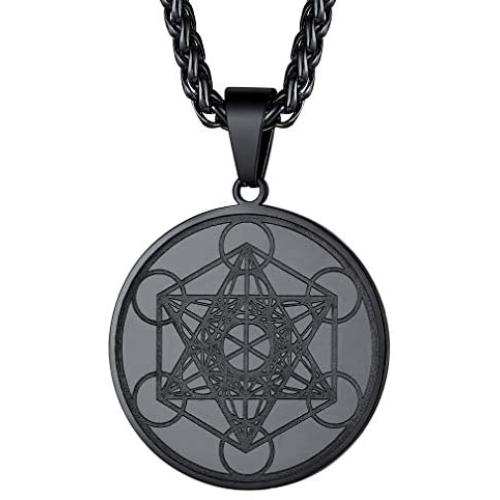 FaithHeart Metatrons Cube Necklace, Stainless Steel or 18K Gold Plated Sacred Geometric Metatron Pendant with 22 Inches Chain Jewelry for Men Spiritual Protection Medal