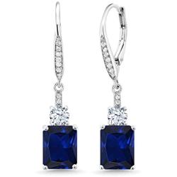 Gem Stone King 925 Sterling Silver Blue Simulated Sapphire Womens Earrings, 5.40 Cttw, Emerald Cut 9X7MM