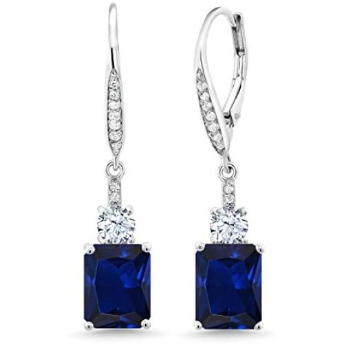 Gem Stone King 925 Sterling Silver Blue Simulated Sapphire Womens Earrings, 5.40 Cttw, Emerald Cut 9X7MM