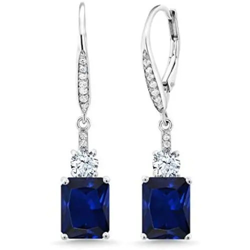 Gem Stone King 925 Sterling Silver Blue Simulated Sapphire Womens Earrings, 5.40 Cttw, Emerald Cut 9X7MM Gem Stone King 925 Sterling Silver Blue Simulated Sapphire Womens Earrings, 5.40 Cttw, Emerald Cut 9X7MM